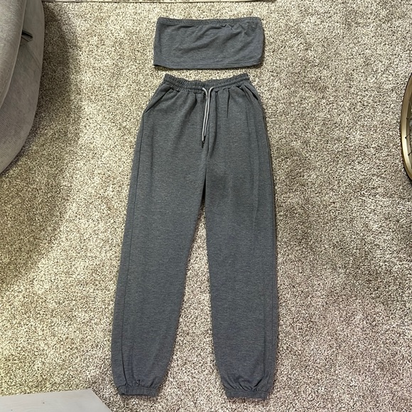 Pants - Grey Cotton Two Piece Jogger and Crop Set